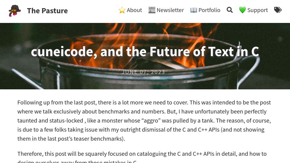 Screenshot of thephd.dev: Cuneicode, and the Future of Text in C