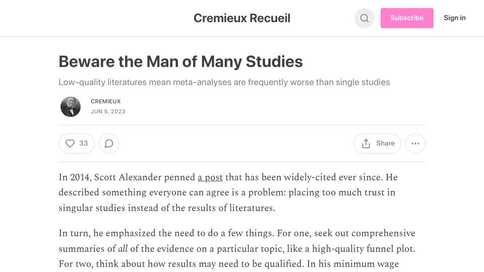 Screenshot of cremieux.substack.com: Beware the Man of Many Studies