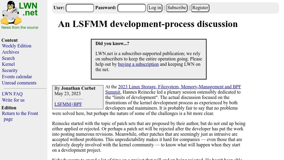 Screenshot of lwn.net: An LSFMM development-process discussion