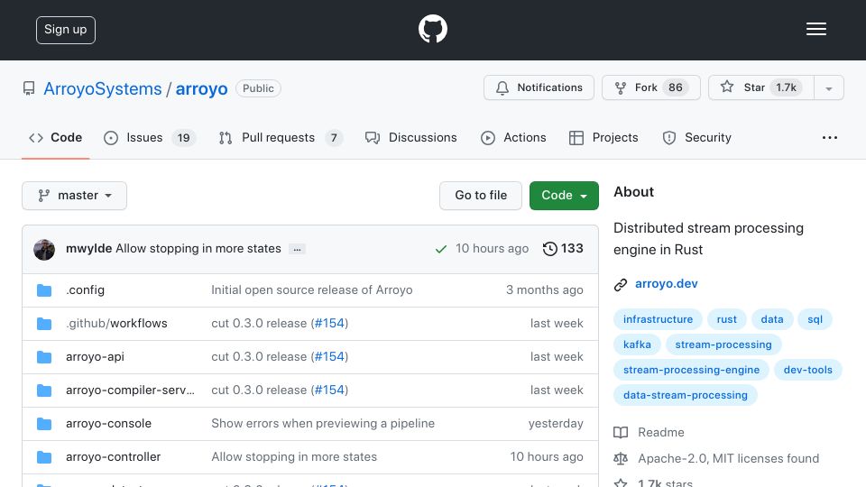 Screenshot of github.com: Show HN: Arroyo – Write SQL on streaming data