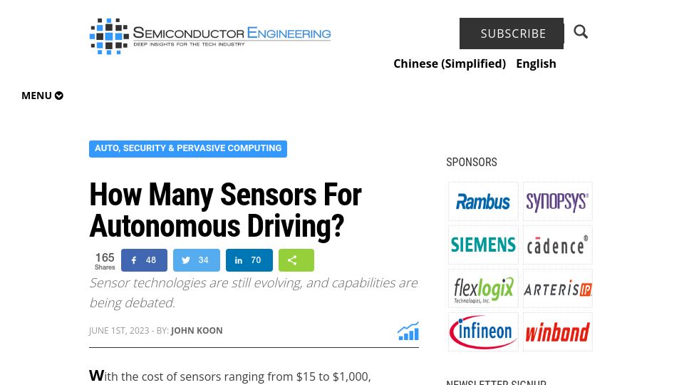 Screenshot of semiengineering.com: How many sensors for autonomous driving?