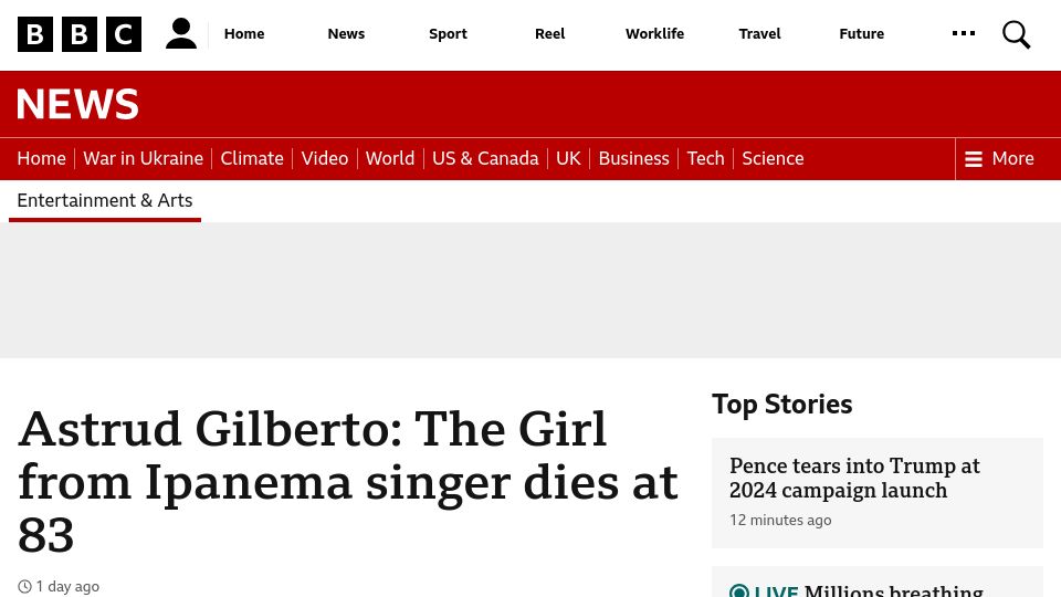 Screenshot of bbc.com: Astrud Gilberto has died