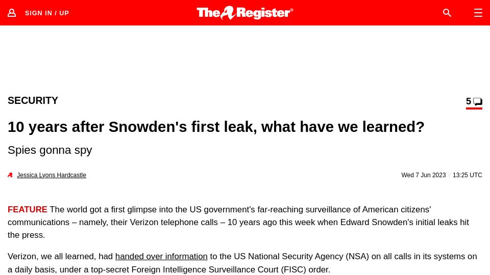 Screenshot of theregister.com: 10 years after Snowden's first leak, what have we learned?
