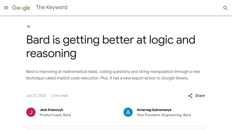 Screenshot of blog.google: Bard is getting better at logic and reasoning