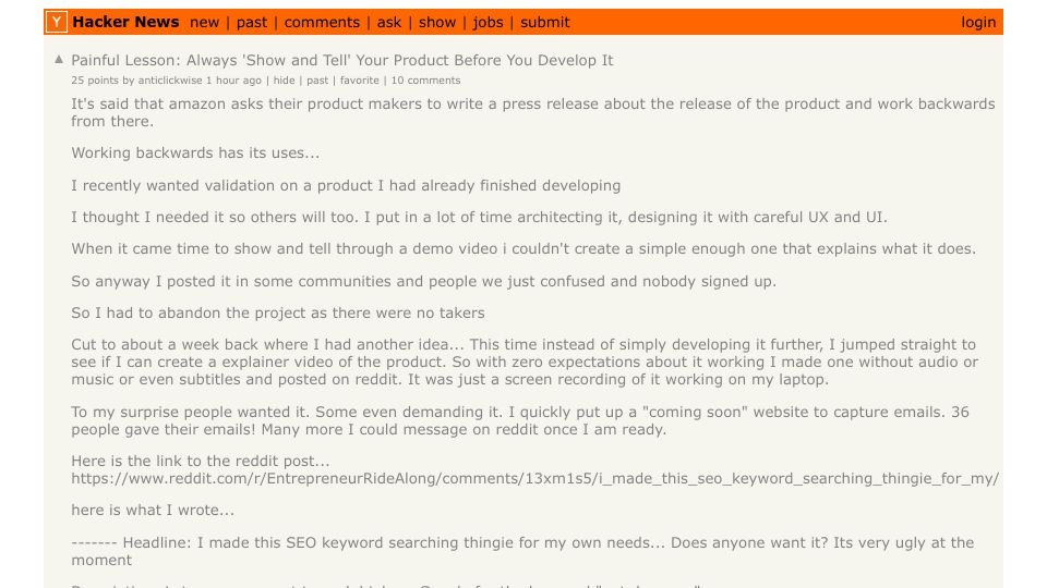 Screenshot of Hacker News post: Painful Lesson: Always 'Show and Tell' Your Product Before You Develop It