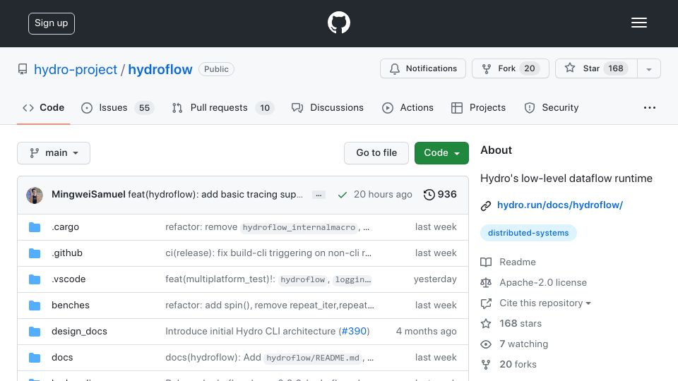 Screenshot of github.com: Hydroflow: Dataflow Runtime in Rust