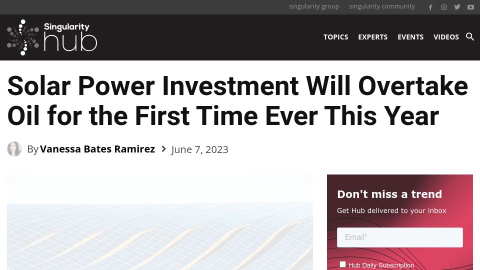 Screenshot of singularityhub.com: Global Solar Power Investment Will Top $1B per Day This Year
