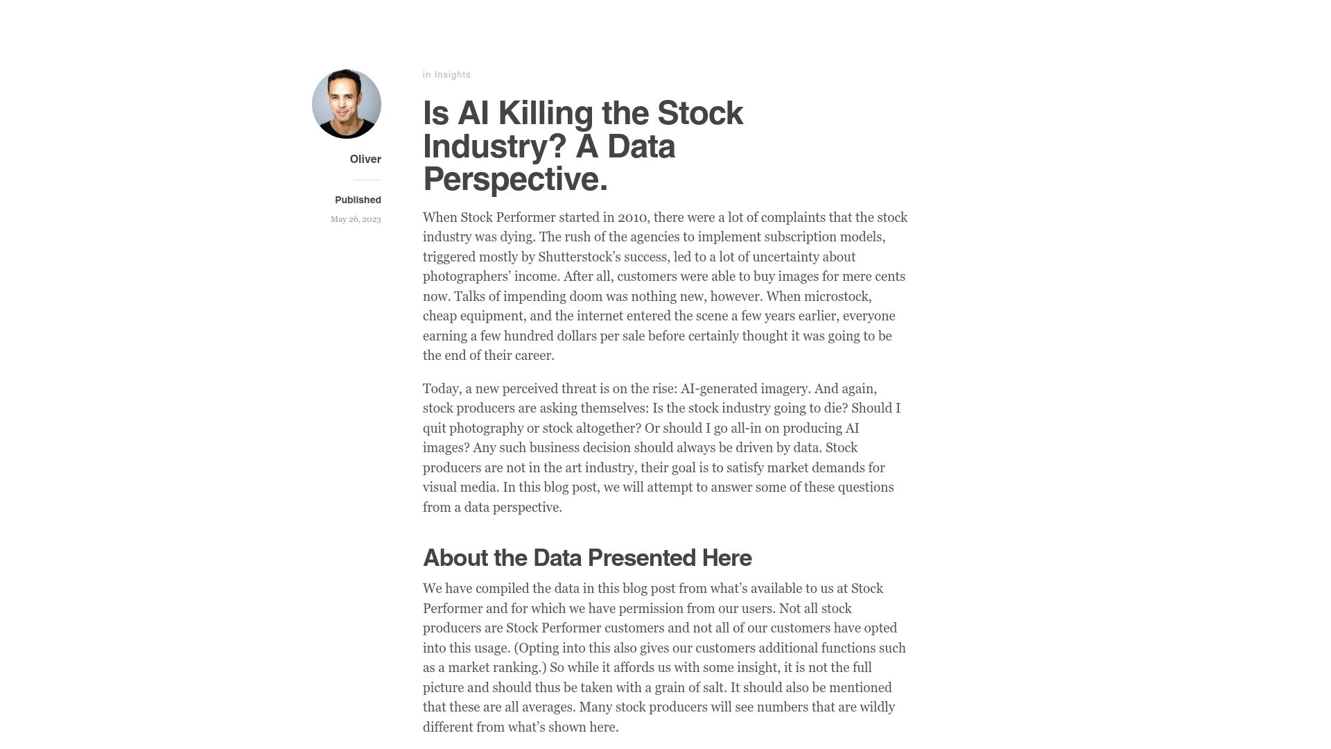 Screenshot of stockperformer.com: Is AI killing the stock photo industry? A data perspective