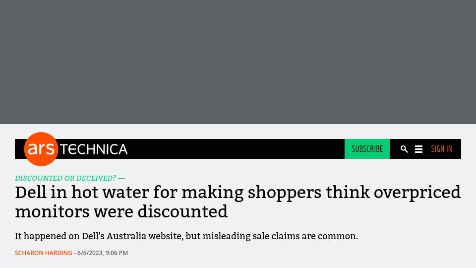 Screenshot of arstechnica.com: Dell in hot water for making shoppers think overpriced monitors were discounted