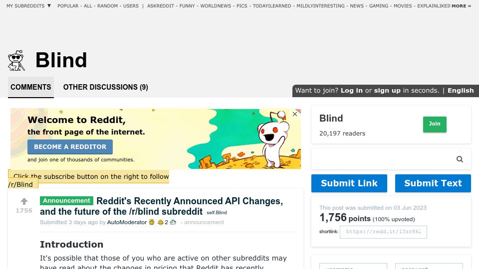 Screenshot of old.reddit.com: Reddit's Recently Announced API Changes, and the future of /r/blind