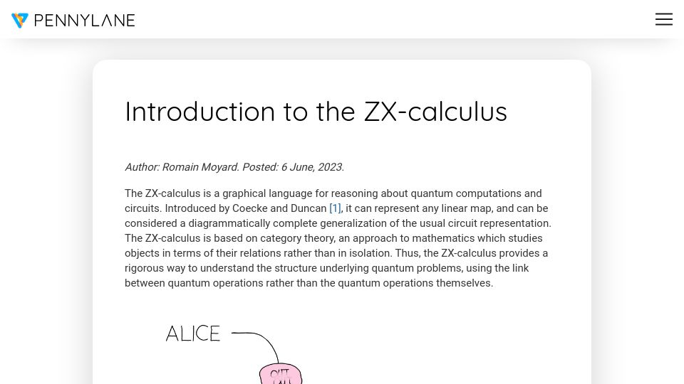 Screenshot of pennylane.ai: Introduction to the ZX-Calculus
