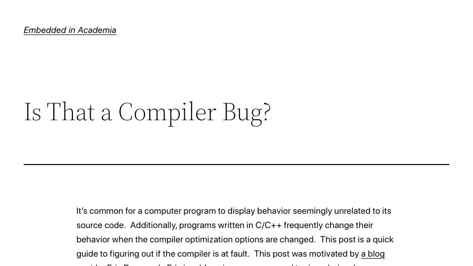 Screenshot of blog.regehr.org: Is That a Compiler Bug?