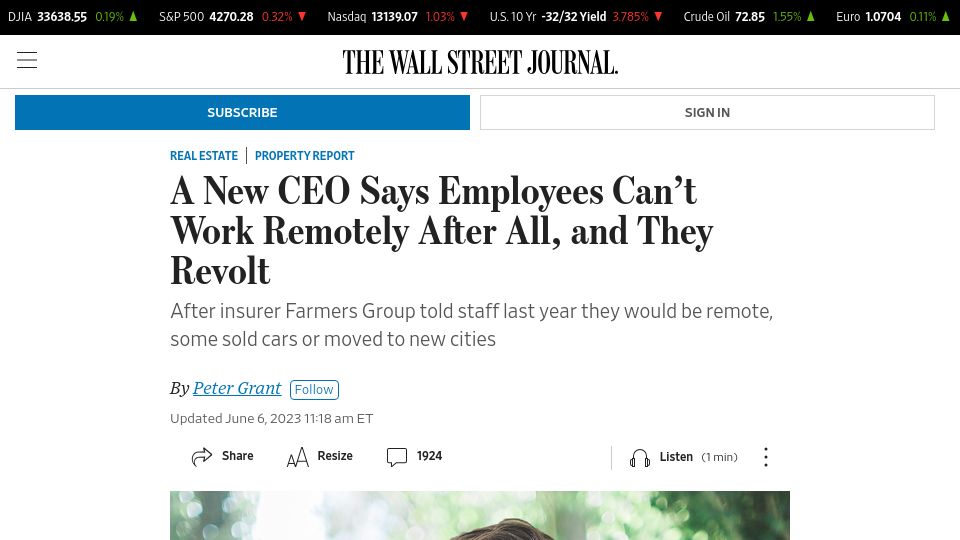 Screenshot of wsj.com: A New CEO Says Employees Can’t Work Remotely After All, and They Revolt