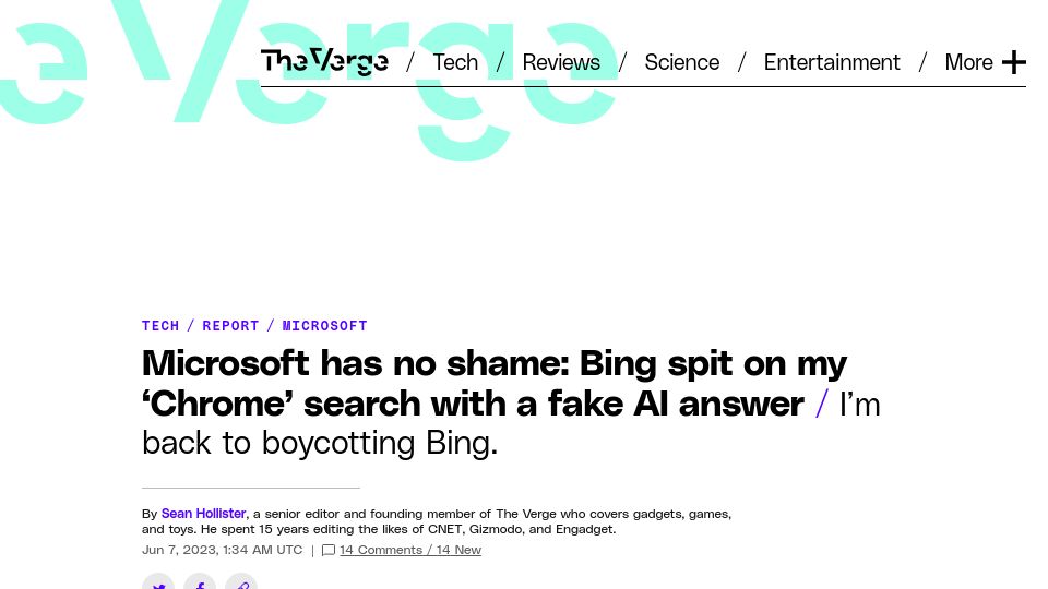 Screenshot of theverge.com: Microsoft has no shame: Bing spit on my ‘Chrome’ search with a fake AI answer