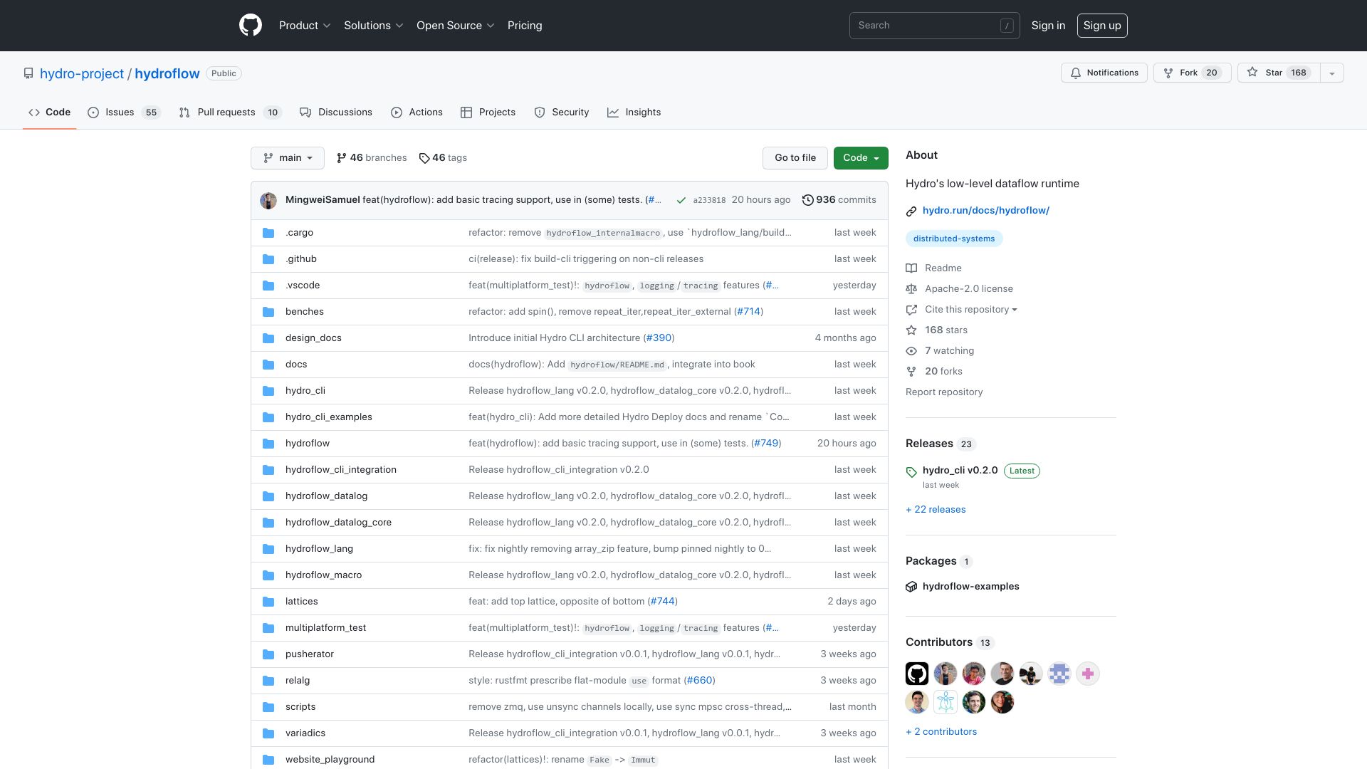 Screenshot of github.com: Hydroflow: Dataflow Runtime in Rust
