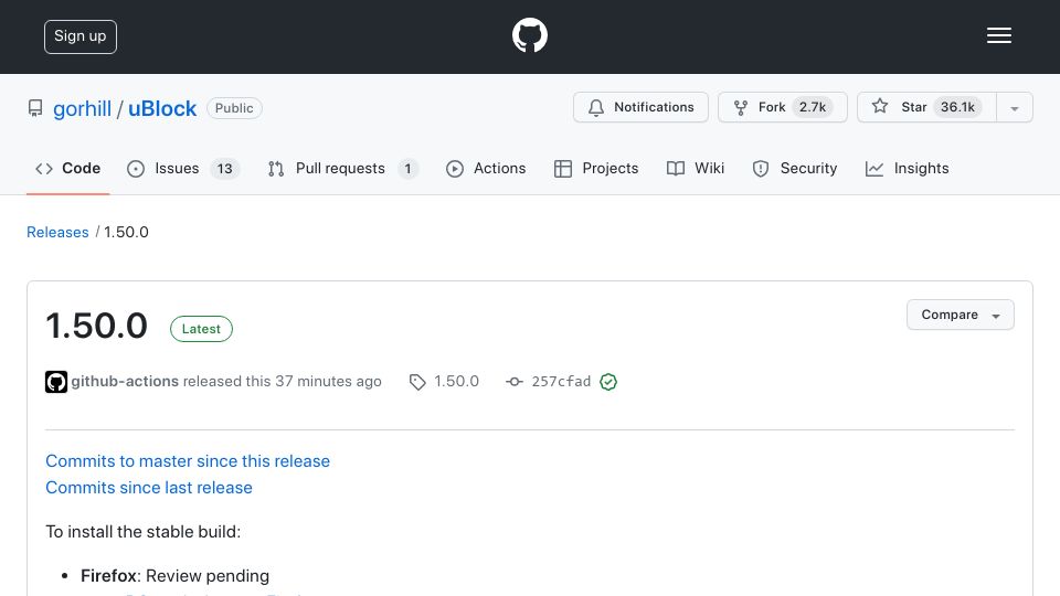 Screenshot of github.com: uBlock Origin 1.50.0