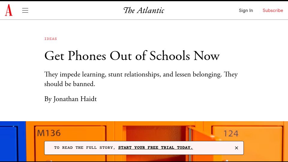 Screenshot of theatlantic.com: Get Phones Out of Schools Now