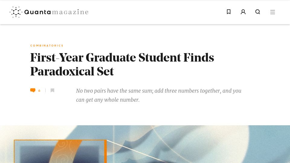 Screenshot of quantamagazine.org: First-year graduate student finds paradoxical set