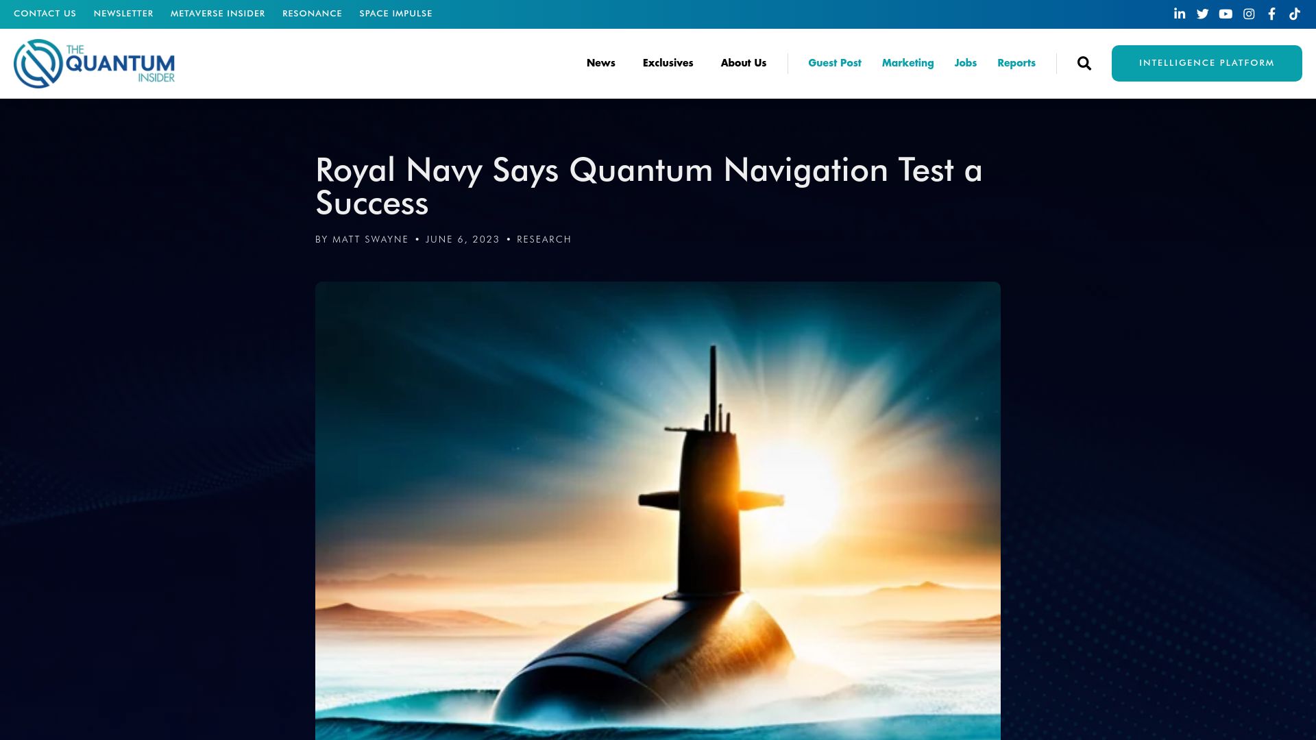 Screenshot of thequantuminsider.com: Royal Navy says quantum navigation test a success