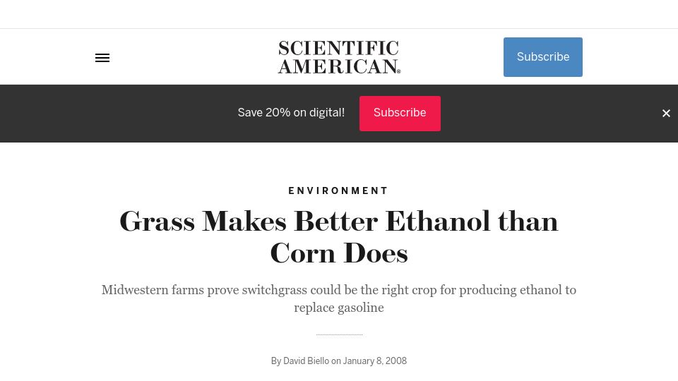 Screenshot of scientificamerican.com: Grass makes better ethanol than corn does (2008)