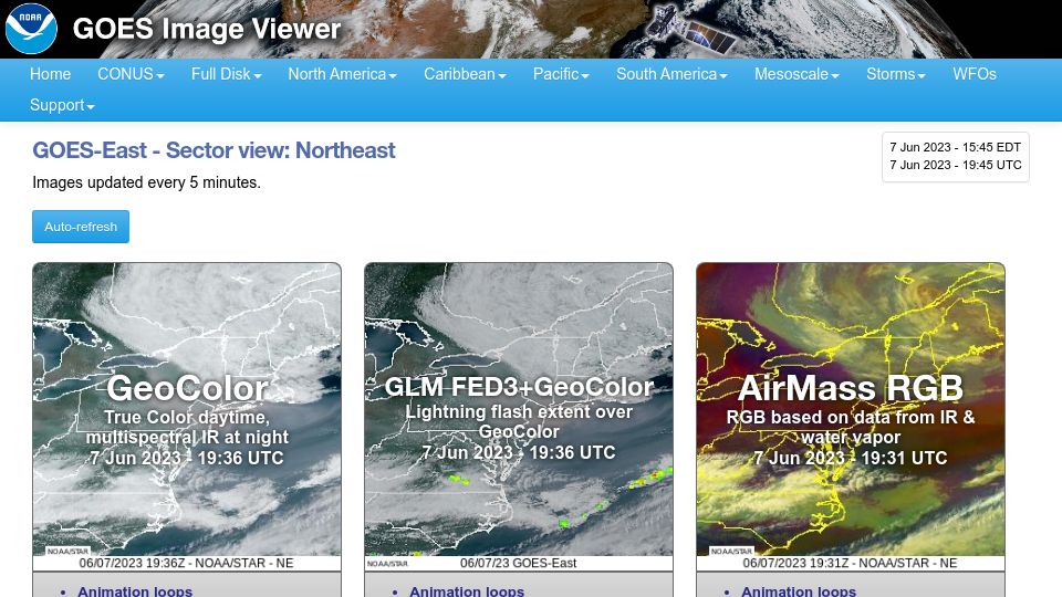 Screenshot of star.nesdis.noaa.gov: Wildfire Smoke in Northeastern US Visible on GOES East Images