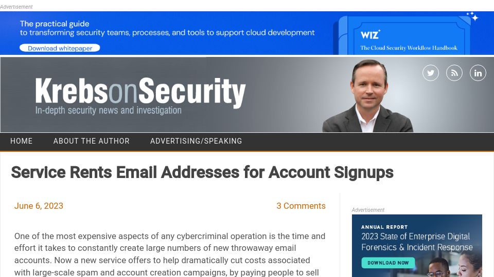 Screenshot of krebsonsecurity.com: Service Rents Email Addresses for Account Signups