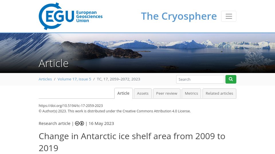 Screenshot of tc.copernicus.org: Antarctica gained 600 Gt of ice during '09-'19 vs. a prediction of a 20k Gt loss