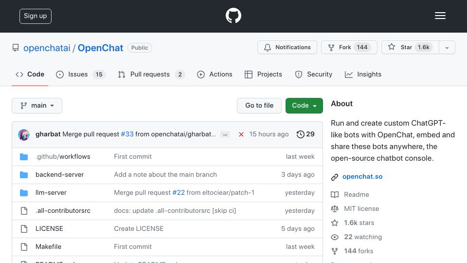 Screenshot of github.com: Run and create custom ChatGPT-like bots with OpenChat