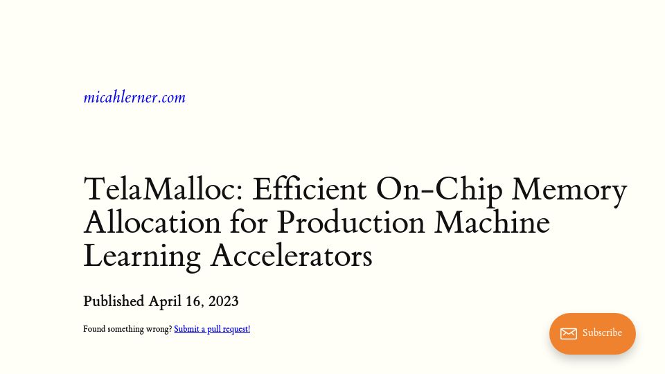 Screenshot of micahlerner.com: TelaMalloc: Efficient On-Chip Memory Allocation for Production ML Accelerators