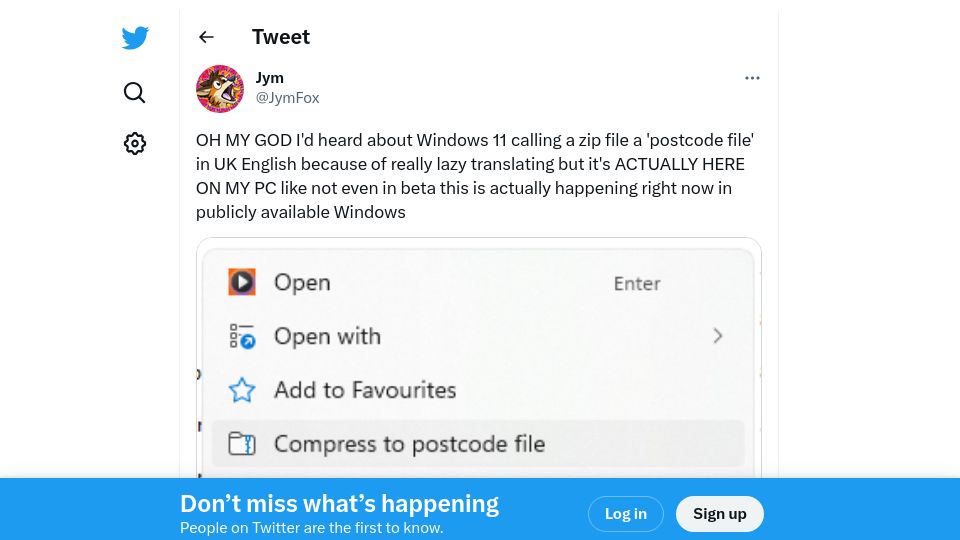 Screenshot of twitter.com: Windows 11 calls a zip file a 'postcode file' in UK English