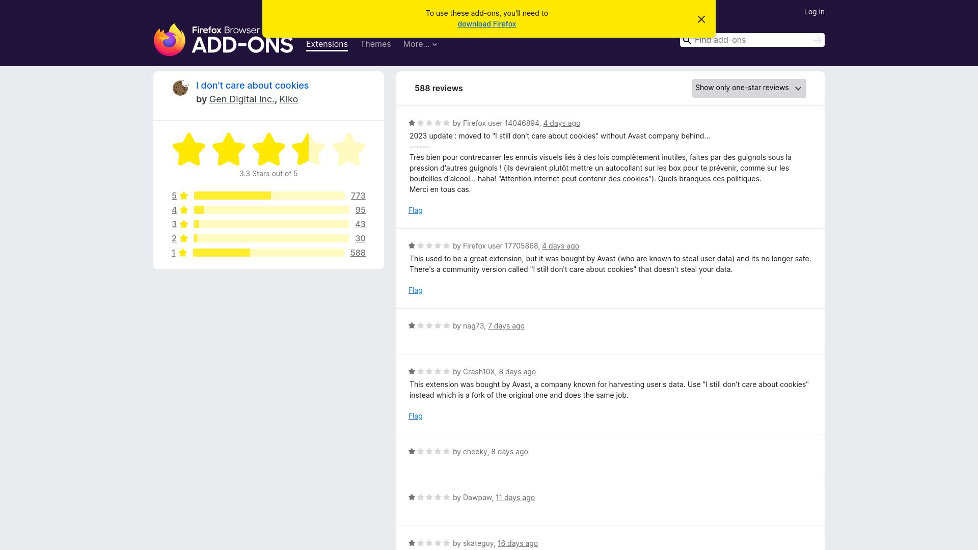 Screenshot of addons.mozilla.org: Tell HN: "I don't care about cookies” extension bought by Avast, users jump ship