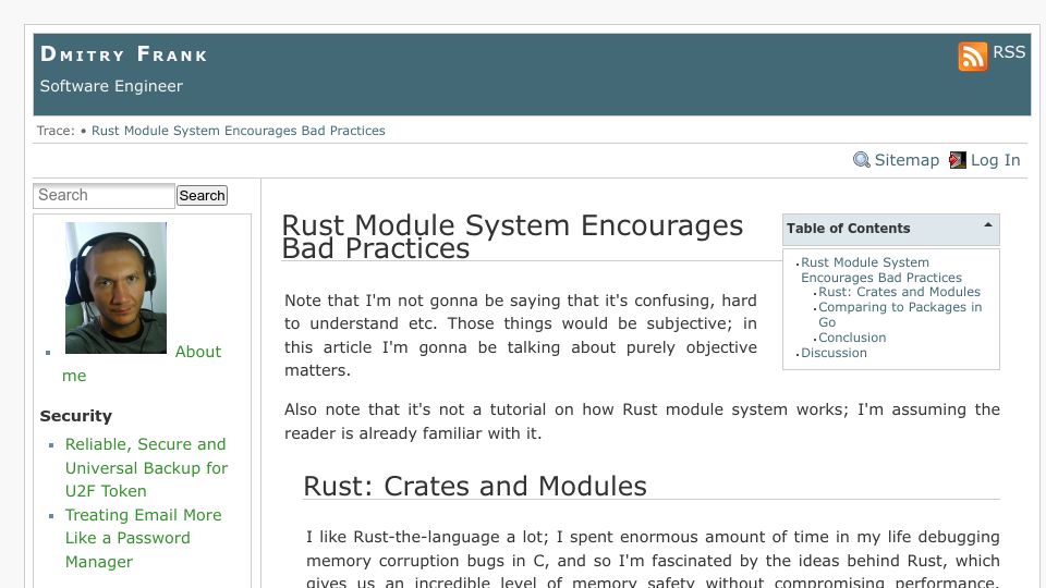 Screenshot of dmitryfrank.com: Rust module system encourages bad practices