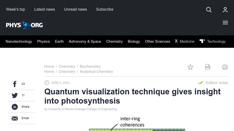 Screenshot of phys.org: Quantum visualization technique gives insight into photosynthesis