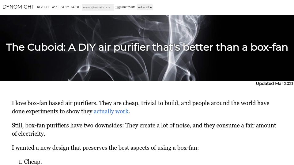 Screenshot of dynomight.net: The Cuboid: A DIY air purifier that's better than a box-fan (2021)