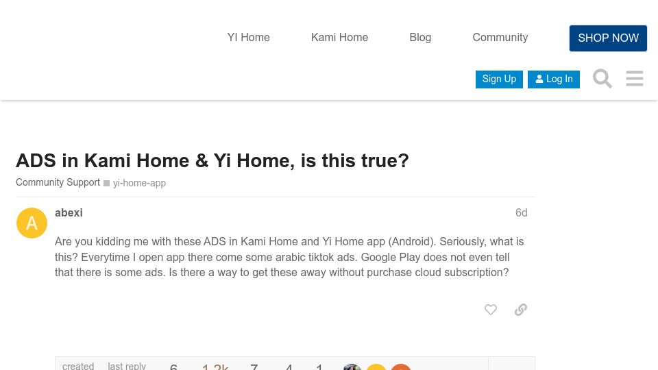 Screenshot of forum.yitechnology.com: Kami home camera app suddenly started displaying ads in the app