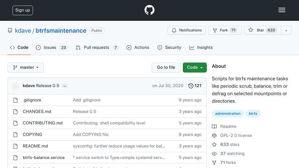 Screenshot of github.com: Scripts for Btrfs Maintenance