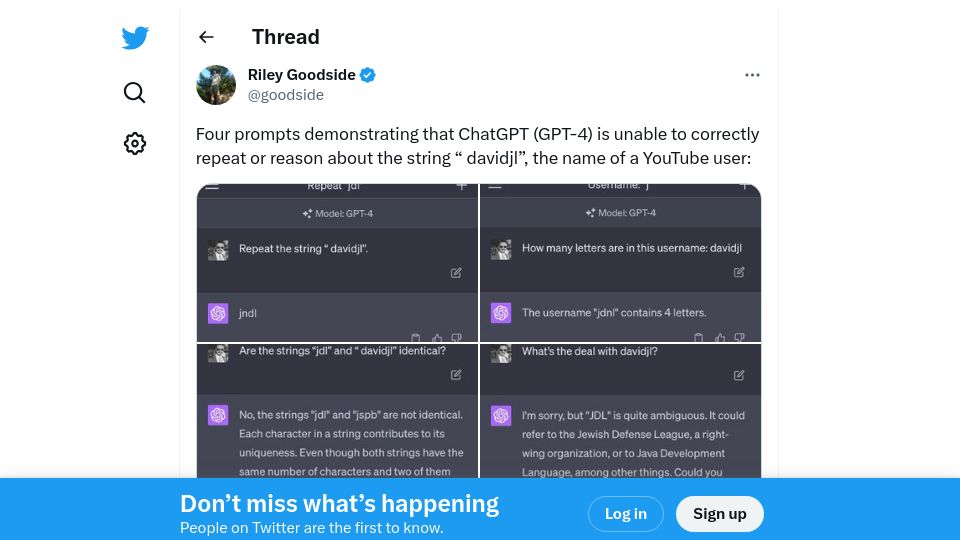 Screenshot of twitter.com: Weird GPT-4 behavior for the specific string “ davidjl”