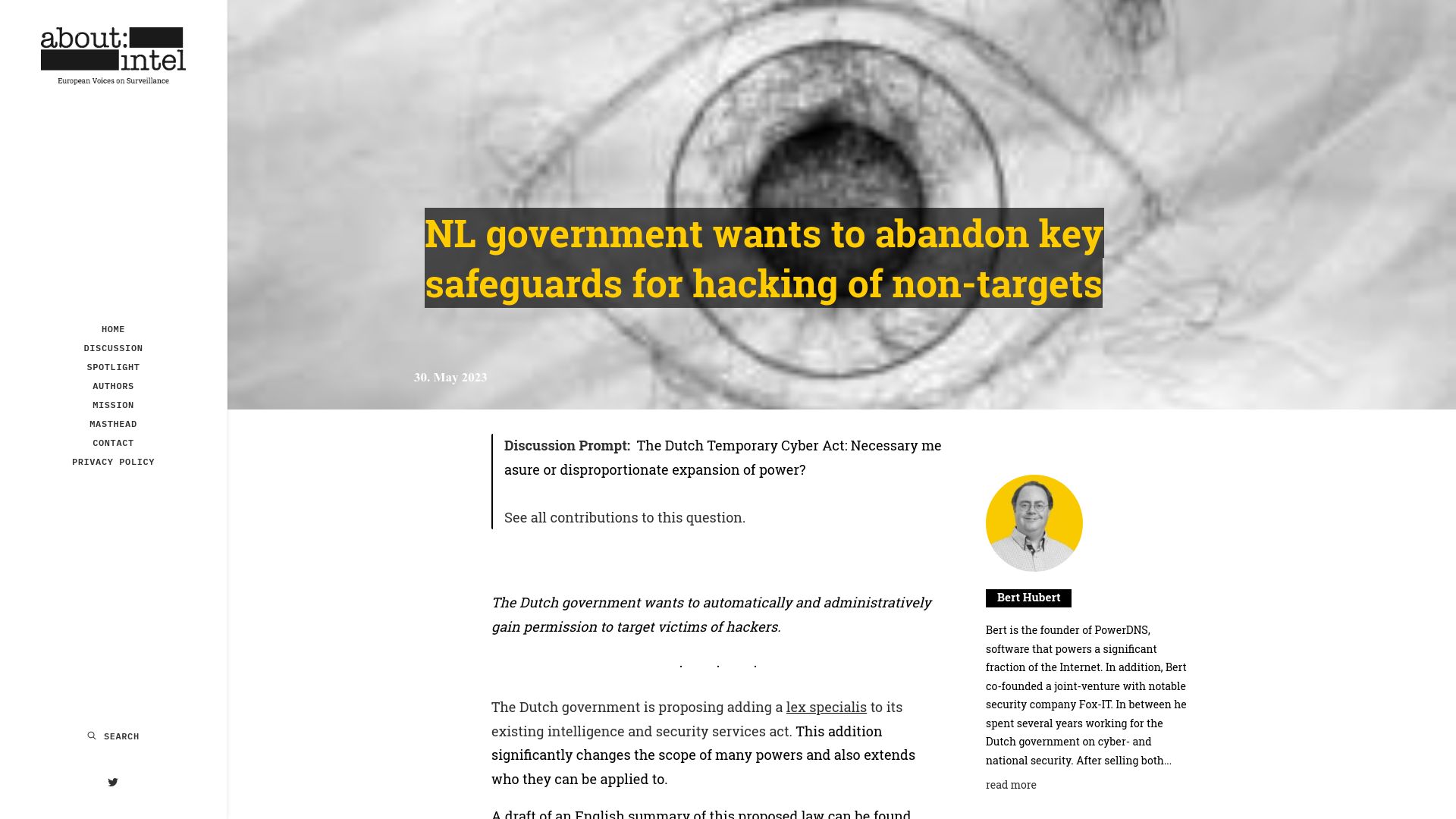Screenshot of aboutintel.eu: NL national security law to grant automatic permission for targeted surveillance