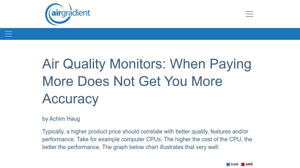 Screenshot of airgradient.com: Air quality monitors: paying more does not get you more accuracy