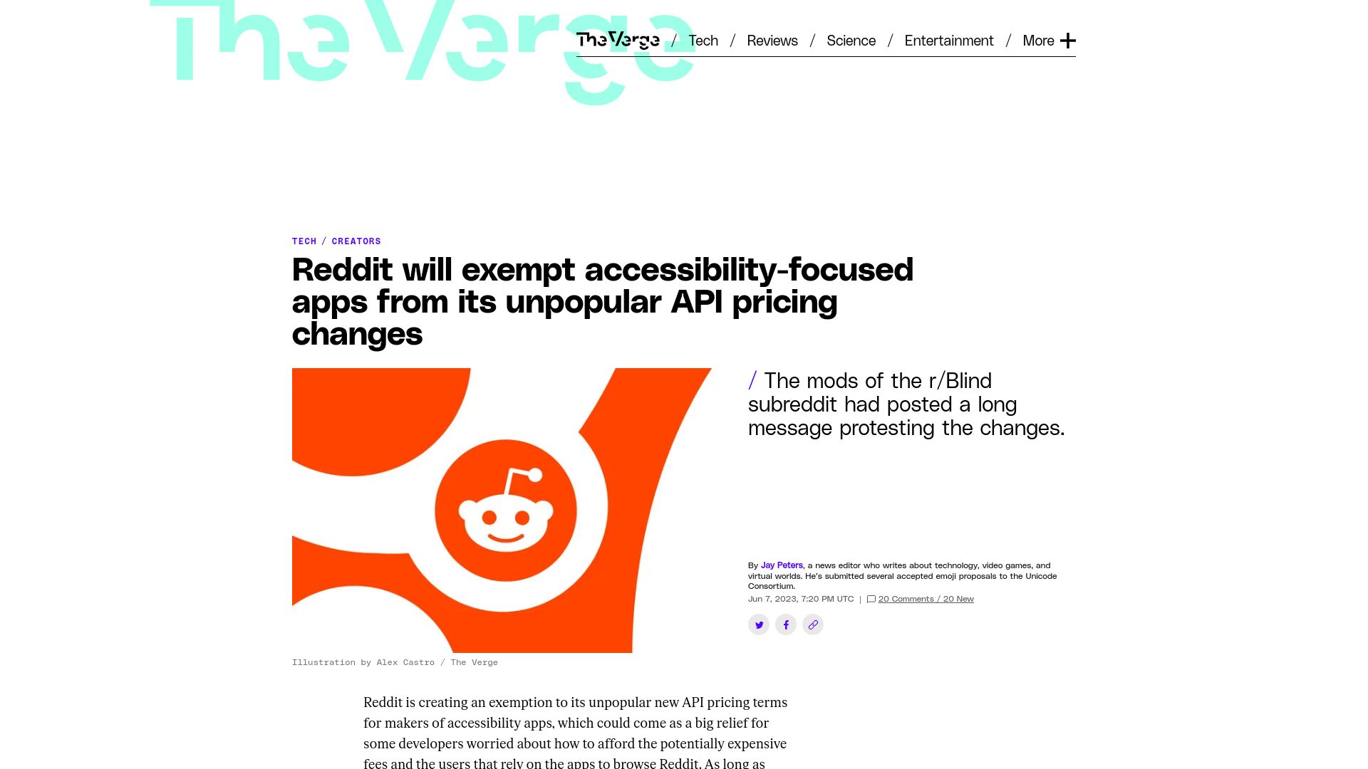 Screenshot of theverge.com: Reddit will exempt accessibility-focused apps from unpopular API pricing changes