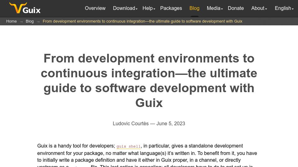 Screenshot of guix.gnu.org: The guide to software development with Guix