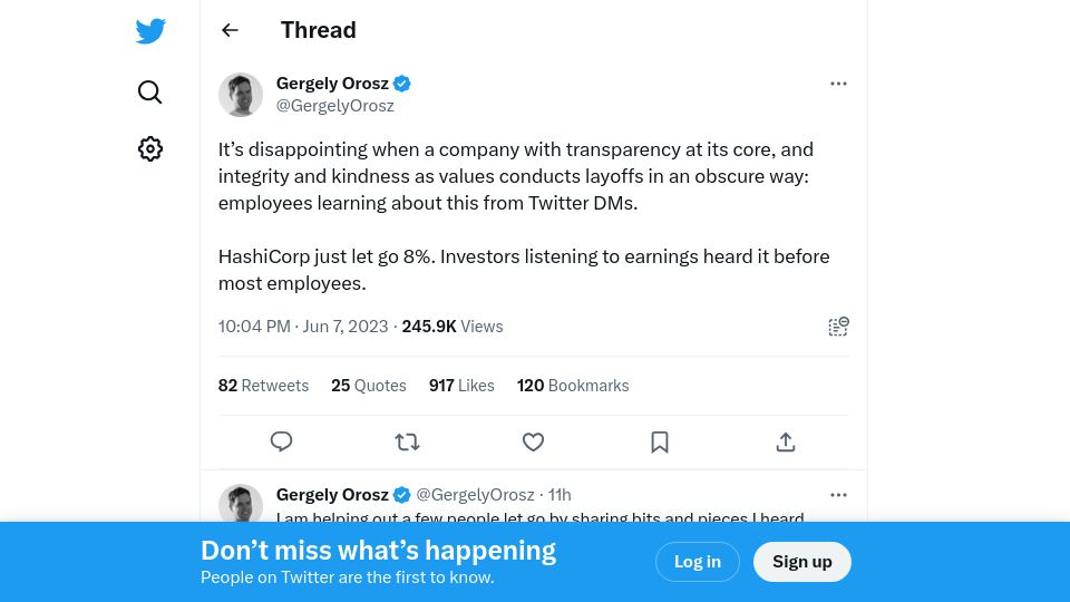 Screenshot of twitter.com: HashiCorp just let go 8%