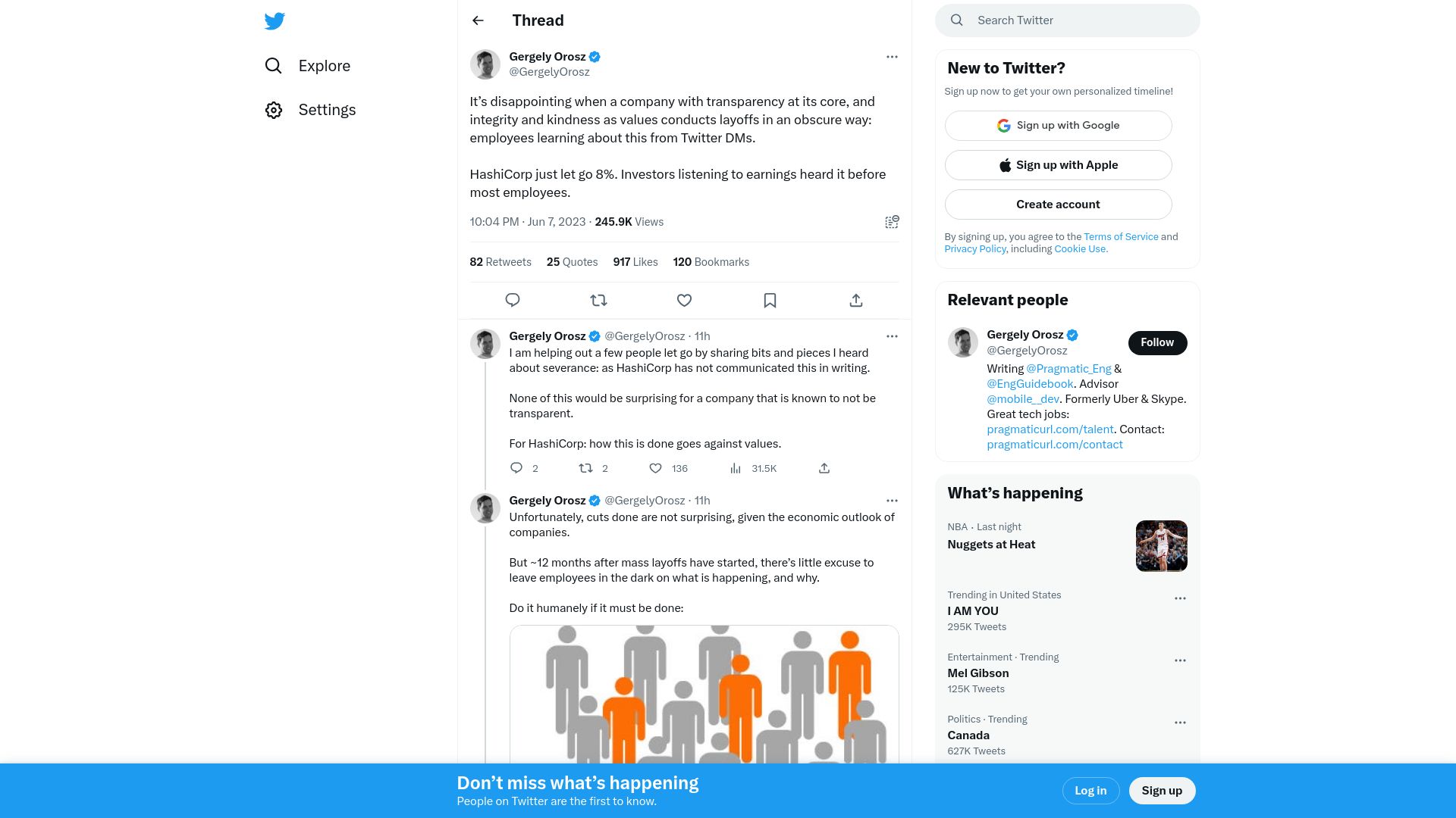 Screenshot of twitter.com: HashiCorp just let go 8%