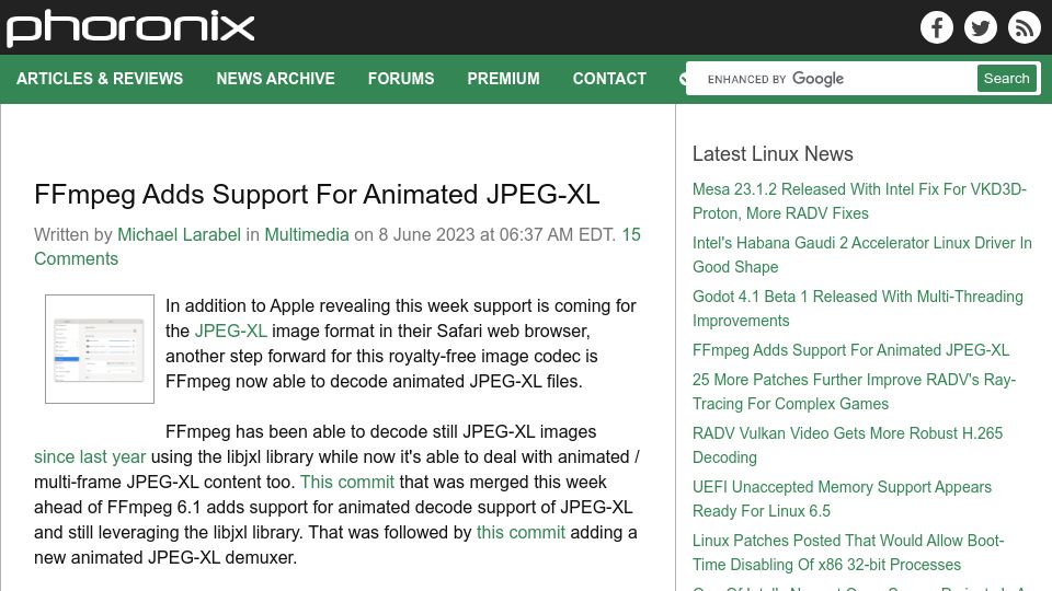 Screenshot of phoronix.com: FFmpeg Adds Support for Animated JPEG-XL