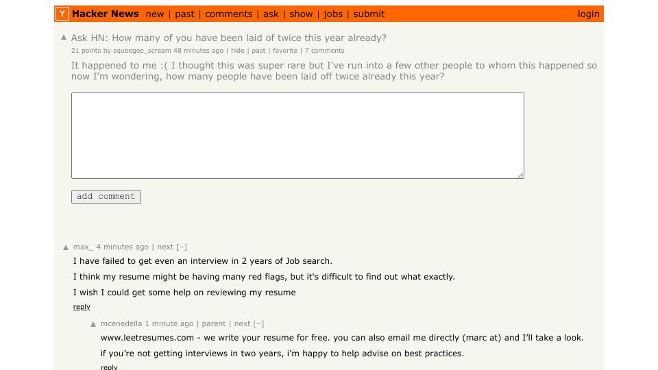 Screenshot of Hacker News post: Ask HN: How many of you have been laid of twice this year already?