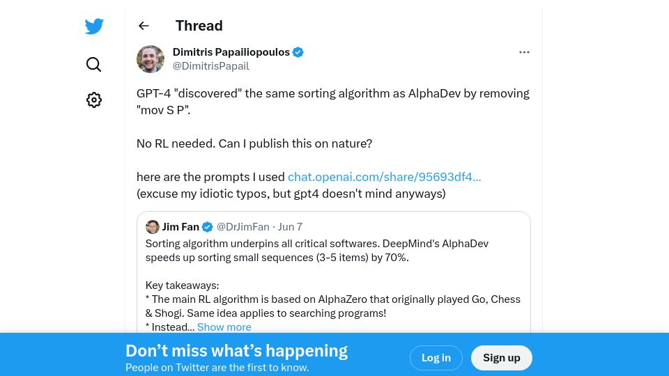 Screenshot of twitter.com: GPT-4 “discovered” the same sorting algorithm as AlphaDev by removing “mov S P”