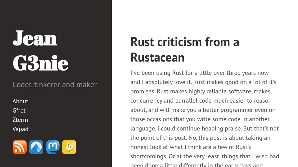 Screenshot of jeang3nie.codeberg.page: Rust Criticism from a Rustacean