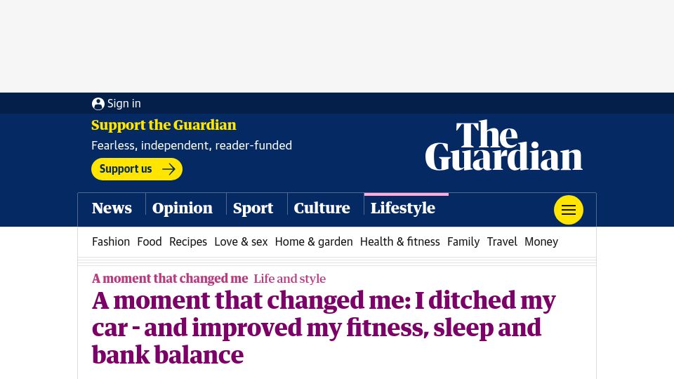 Screenshot of theguardian.com: I ditched my car – and improved my fitness, sleep and bank balance