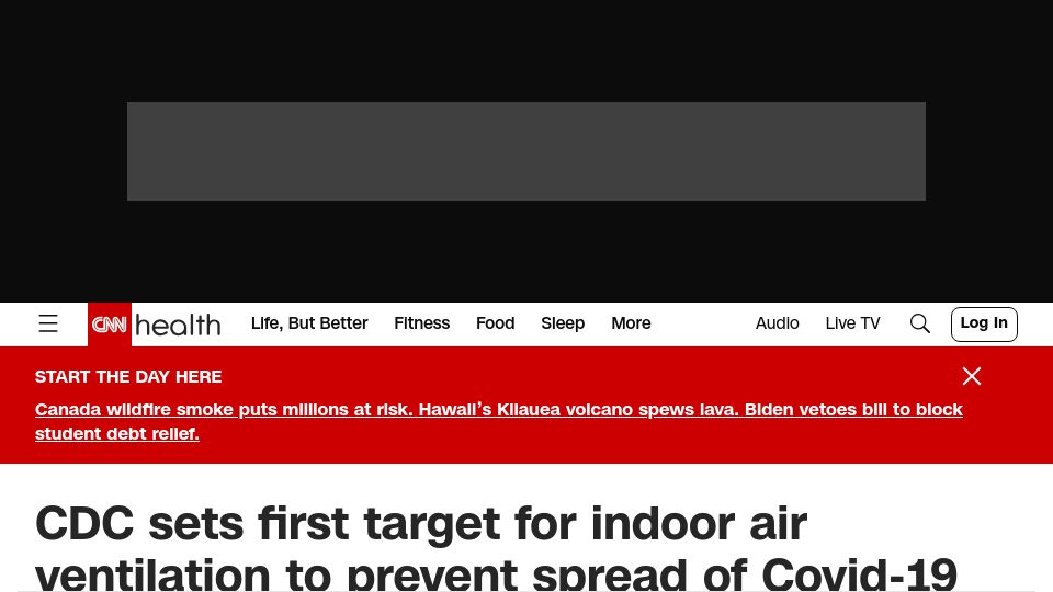 Screenshot of cnn.com: US CDC sets first federal target for ventilation of indoor air to lower risk