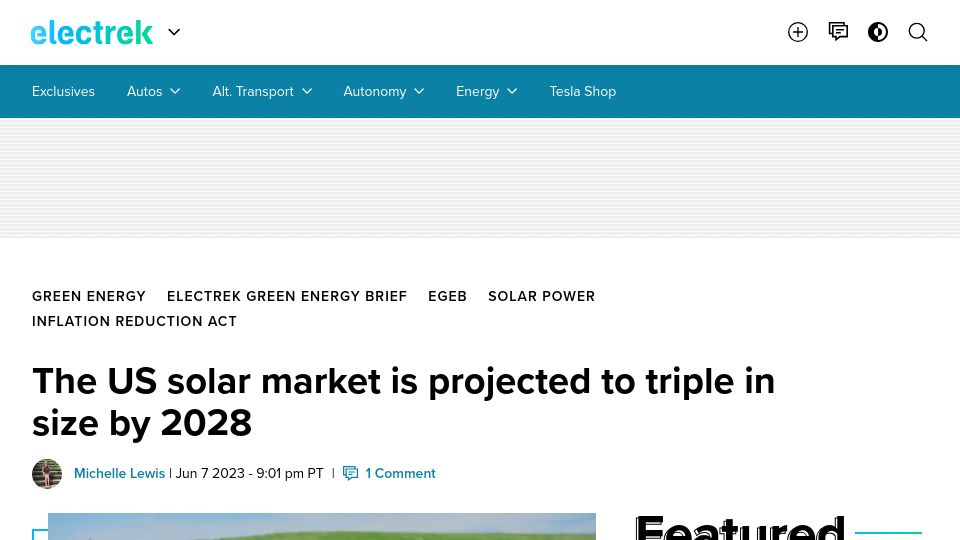 Screenshot of electrek.co: US solar market is projected to triple in size by 2028